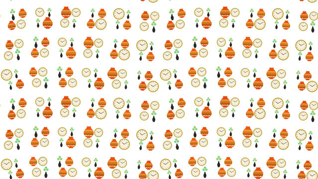 Seamless pattern of vases and clocks with plants