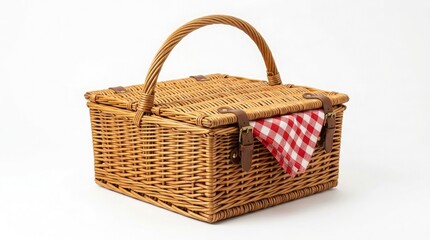 Obraz premium Classic handwoven picnic basket with a vibrant red and white checkered cloth slightly visible against a clean white backdrop