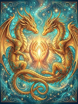 Magical fantasy illustration of two golden oriental dragons surrounding glowing human hands holding light amidst a cosmic swirling blue starry sky