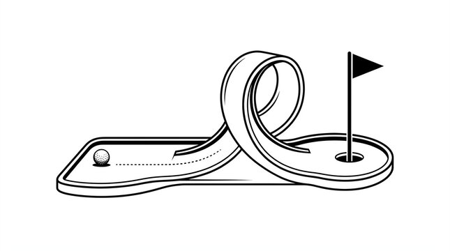 Mini golf course featuring loop obstacles, tiny ball, and flagstick rendered in clean black and white vector art line drawing for sports design