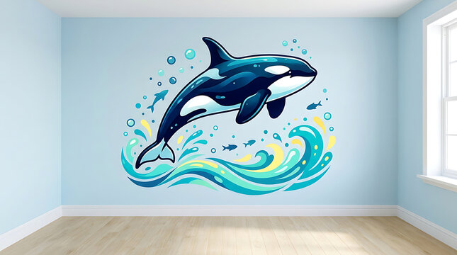 Cartoon orca whale illustration jumping out of ocean waves on a light blue wall