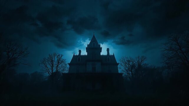 Haunted mansion standing dark and eerie under stormy night sky with flashing lightning bolts motion clip