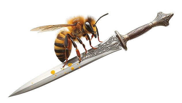 Furry honey bee with pollen on leg, isolated on transparent background