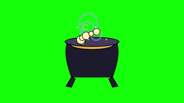 A mystical black iron cauldron bubbling with a magical potion emitting swirling vapor rings which represents classic witchcraft and alchemy traditions used during seasonal festivities like