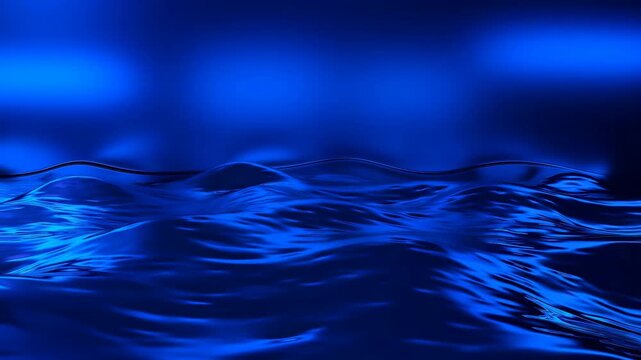 Rippling reflective liquid surface undulates in flowing wave patterns while blue, violet and magenta illumination shifts across glossy contours against softly blurred dark background