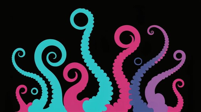 Colorful octopus tentacles moving in rhythmic waves across dark ocean background in digital video animation motion clip