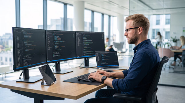 D&eacute;veloppeur programmant devant plusieurs &eacute;crans