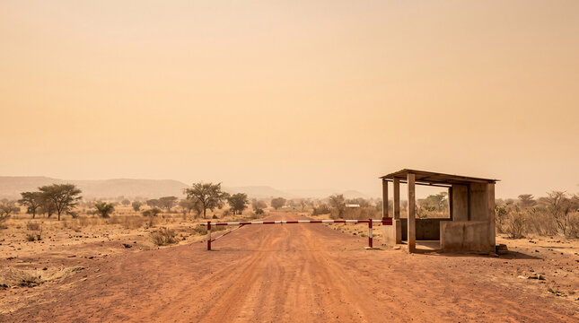 Route rurale vide avec poste de contr&ocirc;le au Mali