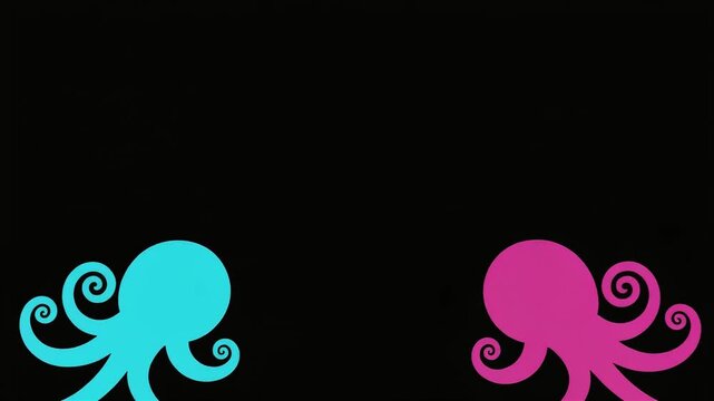 Two cute cartoon octopuses in vibrant cyan and pink colors moving together in digital animation video footage