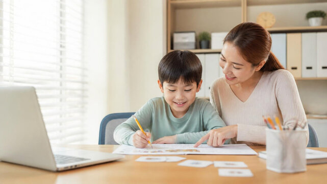 Parent Helping Child Learn English at Home &mdash; Family Education and Home Learning Concept
