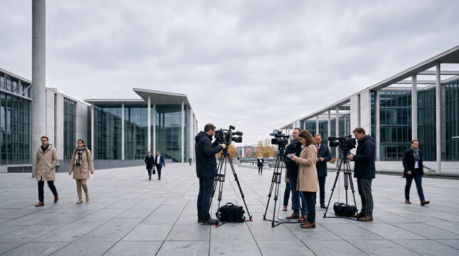 Journalistes et reporters rassembl&eacute;s devant un b&acirc;timent gouvernemental
