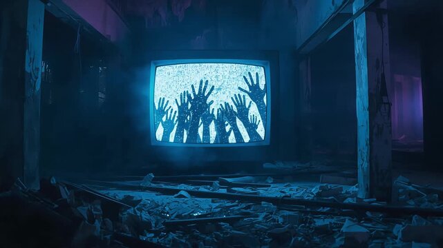 Glowing vintage television broadcasting spooky hands silhouette inside dark abandoned room during motion video clip
