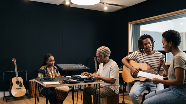 Musiciens collaborant dans un studio d&rsquo;enregistrement