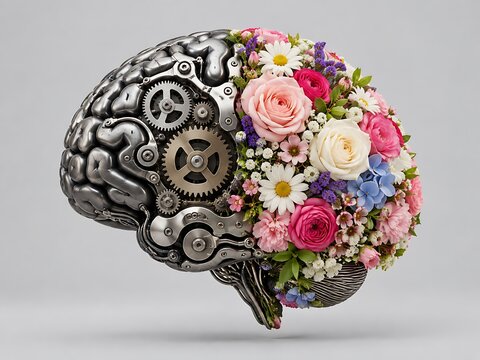 Conceptual illustration of a human brain split into two halves, featuring intricate mechanical gears and metallic cogs on the left side and vibrant blooming flowers on the right side representing