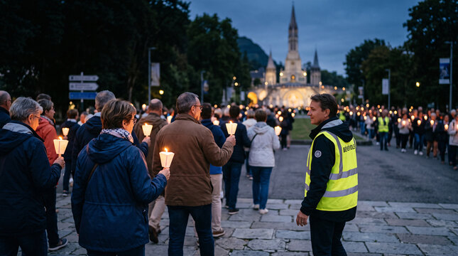 P&egrave;lerins tenant des bougies lors d&rsquo;une procession nocturne