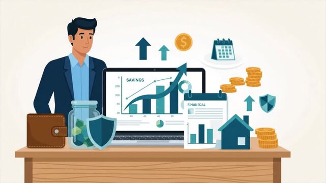 Businessman analyzing financial savings growth and investment profit chart on laptop