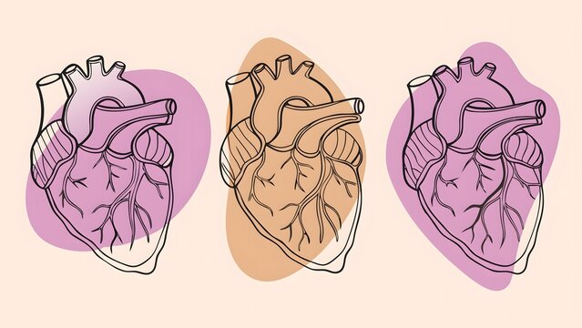 Human heart anatomy and cardiovascular health awareness. Medical cardiology and diagnostic care needs. Three human heart illustrations in a row