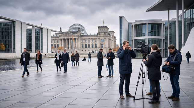 Journalistes et reporters rassembl&eacute;s devant un b&acirc;timent gouvernemental