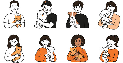 Fototapeta premium Happy pet owners hugging cute dogs and cats vector line cartoon character set collection including puppy kitten elements