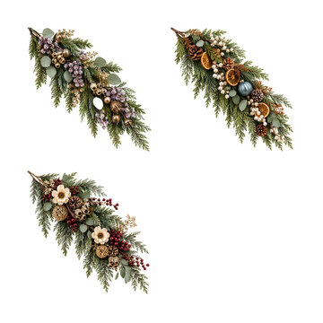Three decorative christmas evergreen swags with festive ornaments and pine cones isolated on transparent background