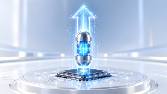 Futuristic microchip processor with glowing blue arrow pointing upwards and floating data capsule, representing artificial intelligence growth, cloud computing speed, and high-tech innovation.