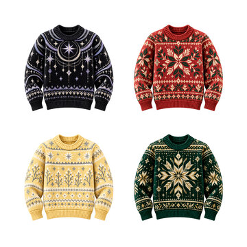 Four colorful festive holiday sweaters with winter patterns isolated on transparent background