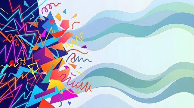 Abstract Retro 80s Geometric Background with Vibrant Shapes and Wavy Patterns - Dynamic Contrast between Colorful Chaos and Calm Waves
