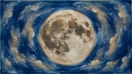 Fototapeta premium Ethereal celestial full moon background with atmospheric clouds and starry night sky