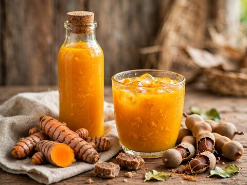 Traditional Indonesian jamu kunyit asam turmeric tamarind herbal drink with ice in glass bottle and cup on rustic wooden table