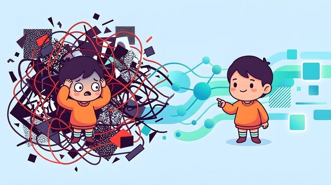 Conceptual Illustration of Child Transitioning from Mental Chaos to Clarity and Order