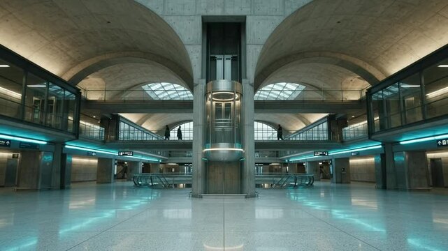 Modern glass elevator descending inside futuristic transit terminal