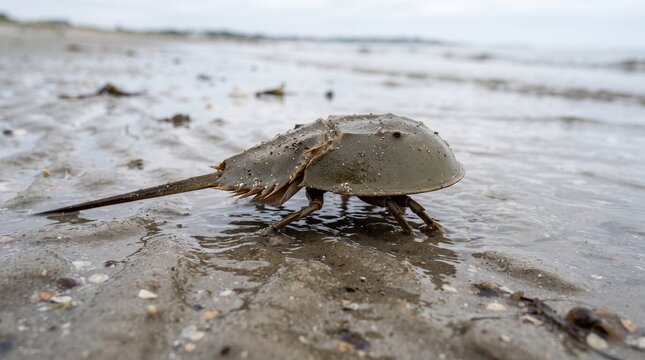 Horseshoe Crab Walking Across a Shallow Tidal Flat