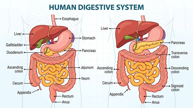 Anatomical diagram of the human digestive system with labeled organs