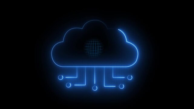 Neon blue cloud icon with   connecting lines on black background cloud computing application programming interface concept. 4k video