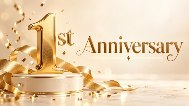 Gold Number One on Pedestal with Satin Ribbon and First Anniversary Lettering