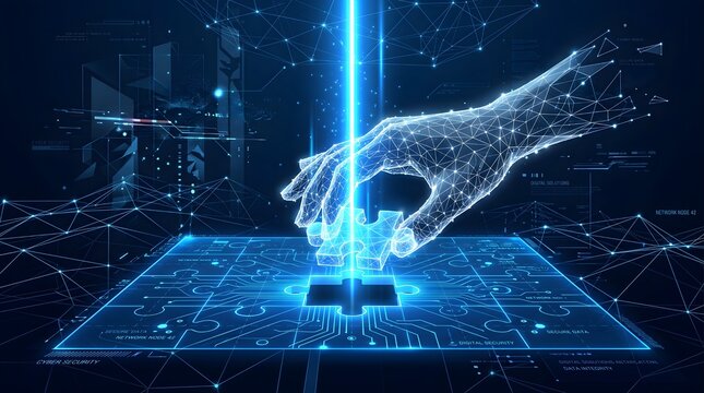 Futuristic glowing digital wireframe hand expertly placing a missing puzzle piece into a glowing cyber circuit board interface inside a dark high technology network space background with bright lights