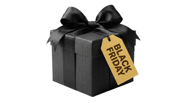 Black friday gift box with ribbon and tag sales promotion isolated on transparent background