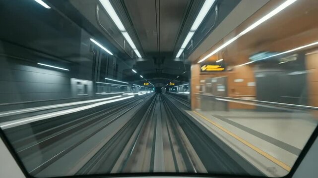 Front view of metro train speeding through illuminated subway tunnel