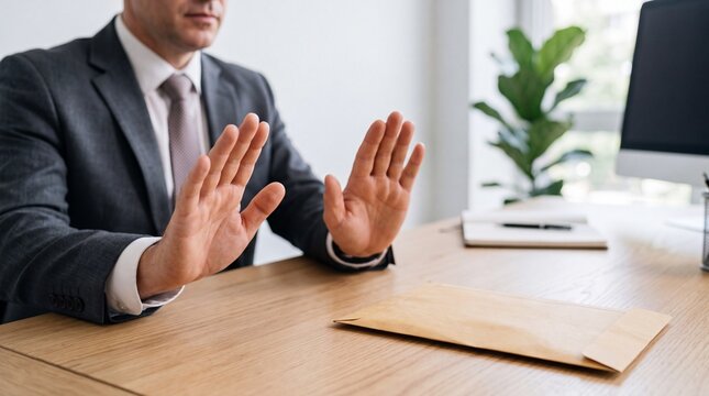 Business professional refusing an unethical payment during an office meeting, representing business ethics, integrity, anti-corruption, compliance, and professional conduct.