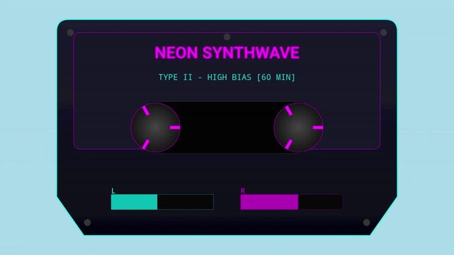 Neon Synthwave Audio Cassette Tape Sprite Sheet Animation Sequence for Retro Gaming and 80s Aesthetics