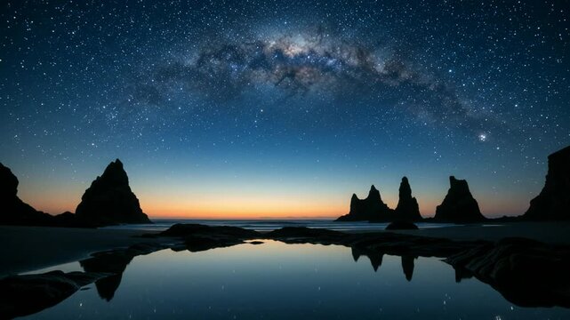 Milky Way galaxy arch shining above coastal rock sea stacks at dusk