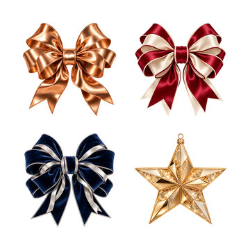 Collection of decorative christmas bows and a golden star ornament isolated on transparent background