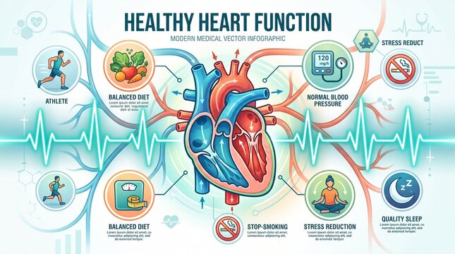 Healthy heart function infographic with lifestyle tips