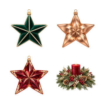 Set of festive christmas star ornaments and a decorative candle centerpiece isolated on transparent background