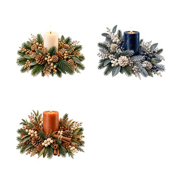 Three festive christmas candle centerpieces with pine cones and winter greenery isolated on transparent background