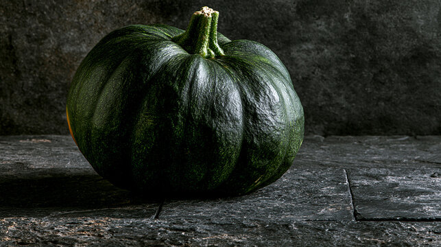 Vibrant green winter squash resting on dark rustic stone surface inside dark studio setting