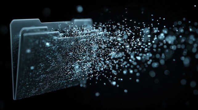 Dynamic digital data streams exploding from organized file folders, representing information transfer, data analysis, and abstract technology concepts in a modern, futuristic style.