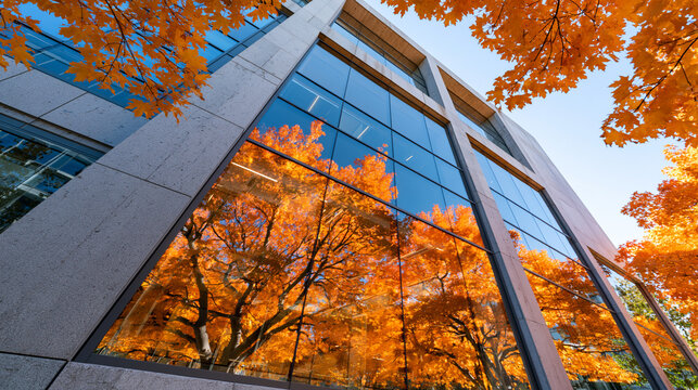 Modern corporate building facade with vibrant orange autumn foliage reflected clearly in glass windows