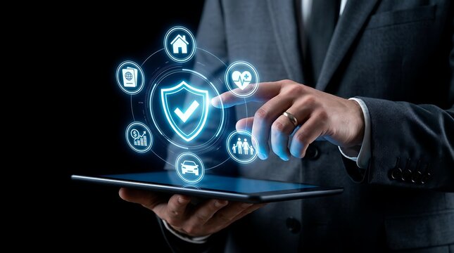 Business man touching digital interface showing shield icon for insurance and protection services
