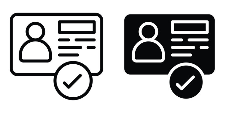 Identity card icon set representing verified corporate ID badge, driver license validation and membership pass checkmark. Symbol of employee identification certificate, secure office access layout.